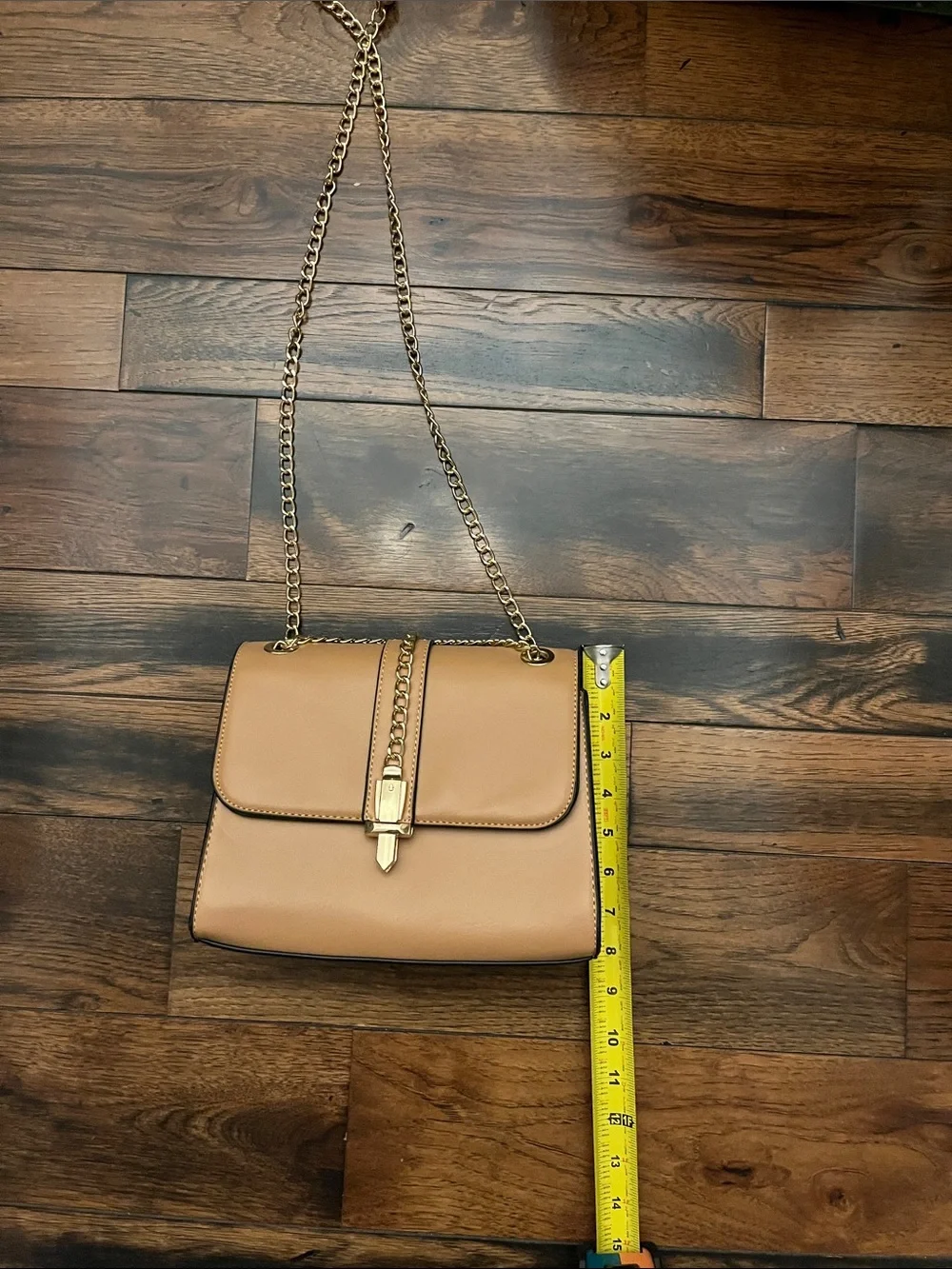 Neutral Tan Chain Crossbody Bag with Gold Hardware